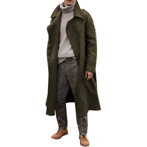 Prusitque Men's Oversized Notched Long Faux Wool Blend Trench Coat Single Breasted Knee Length Lapel Winter Jacket